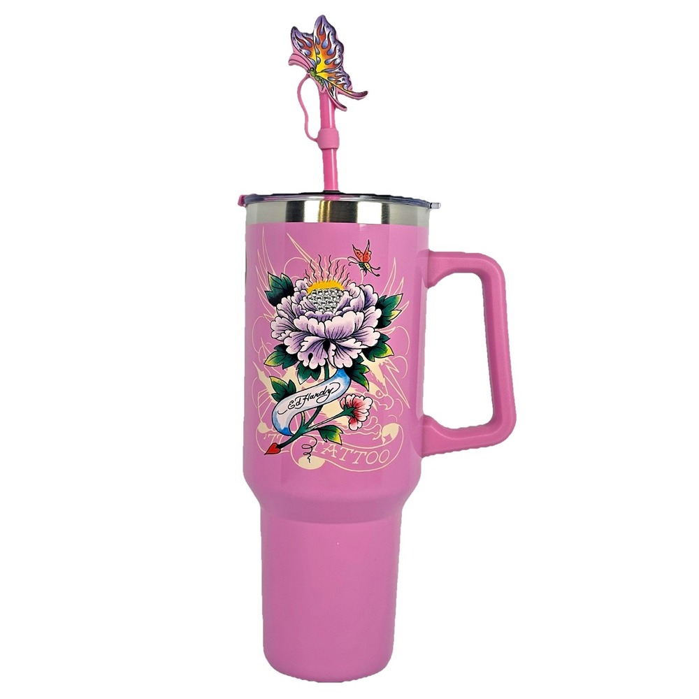 Ed Hardy Pink Floral Tumbler Butterfly Straw Handle Travel Cup 40oz